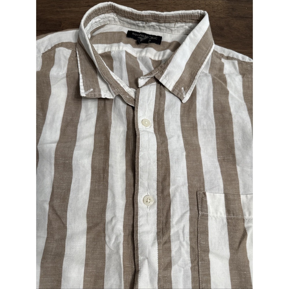 Banana Republic Mens Brown Striped Linen Blend‎ Button Up Shirt Short Sleeve XXL
